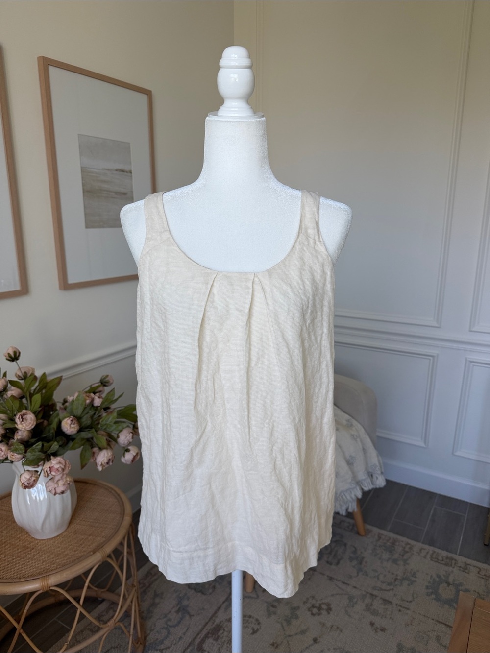 Eileen Fisher Shadow Stripe Metallic Cotton Silk Lined Shell Top Bone S